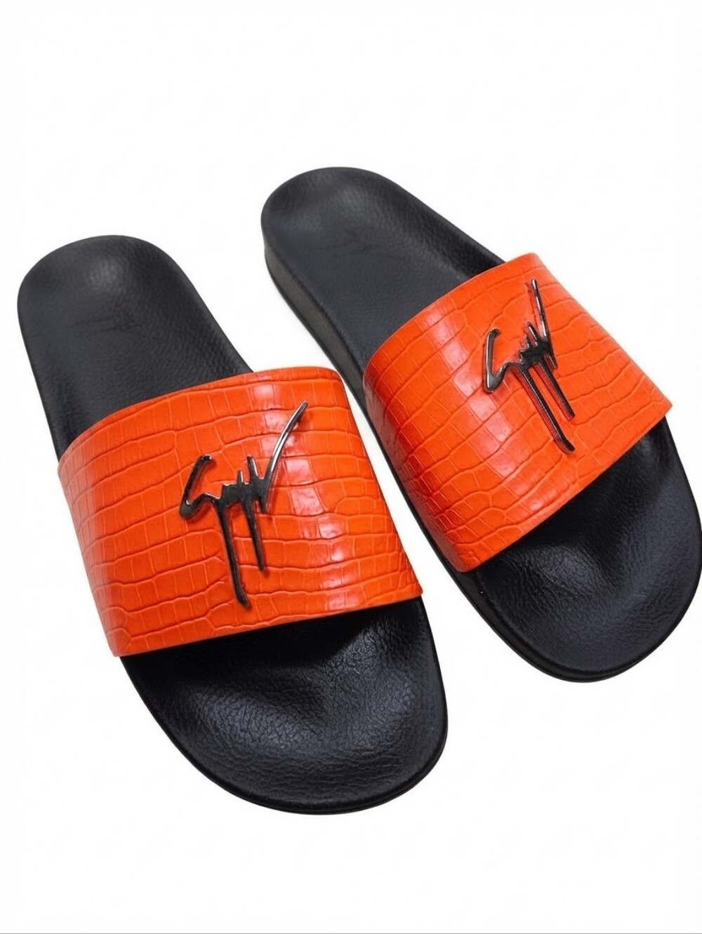 Giuseppe Zanotti Men's Orange Croc-Embossed Signature Logo Slide Sandals Size 42